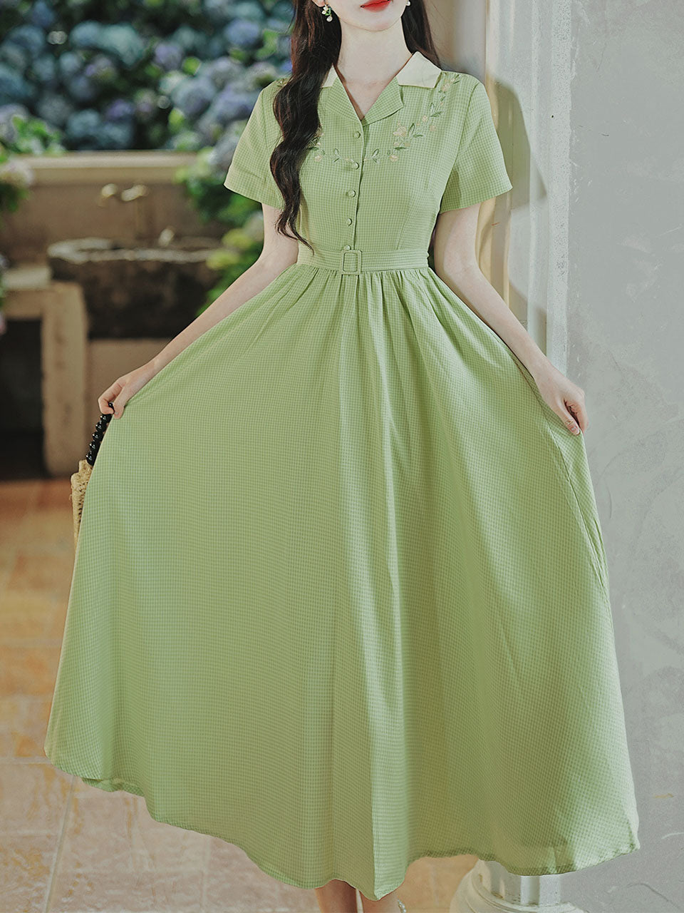 slim fit dress slacks Green Plaid Short Sleeve 1950s Vintage Shirt Dress, Green / Xs