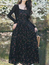 Load image into Gallery viewer, 2PS Vintage Black Floral Chiffon Maxi Dress with Black Cardigan