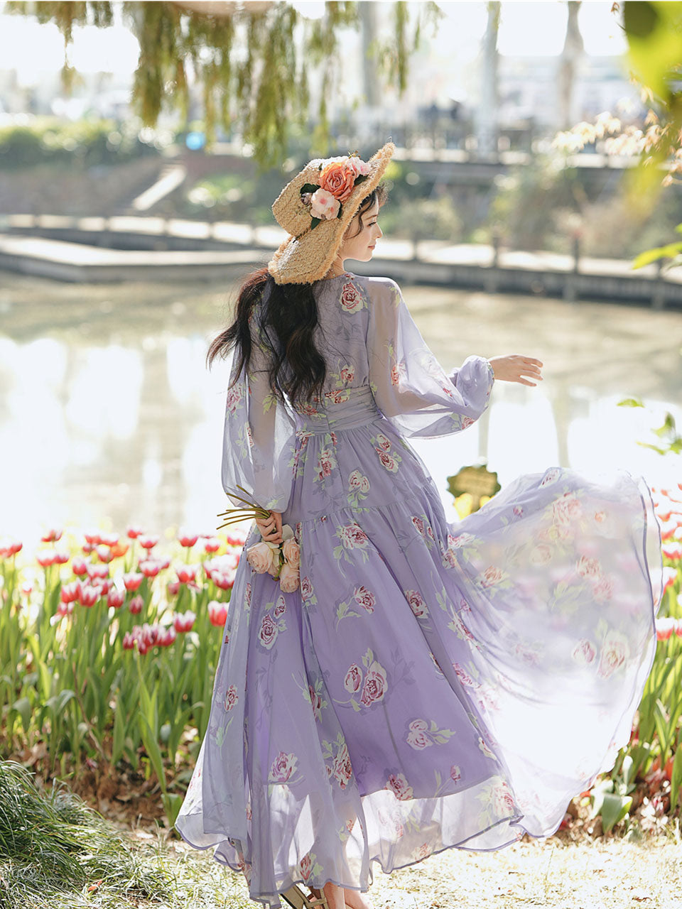Purple Floral Print V Neck Long Sleeve Vintage Dress Jolly Vintage Purple Floral Print V Neck Long Sleeve Vintage Dress Jolly Vintage
