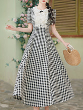 Load image into Gallery viewer, Black and White Plaid Lace Peter Pan Collar 1950s Vintage Dress