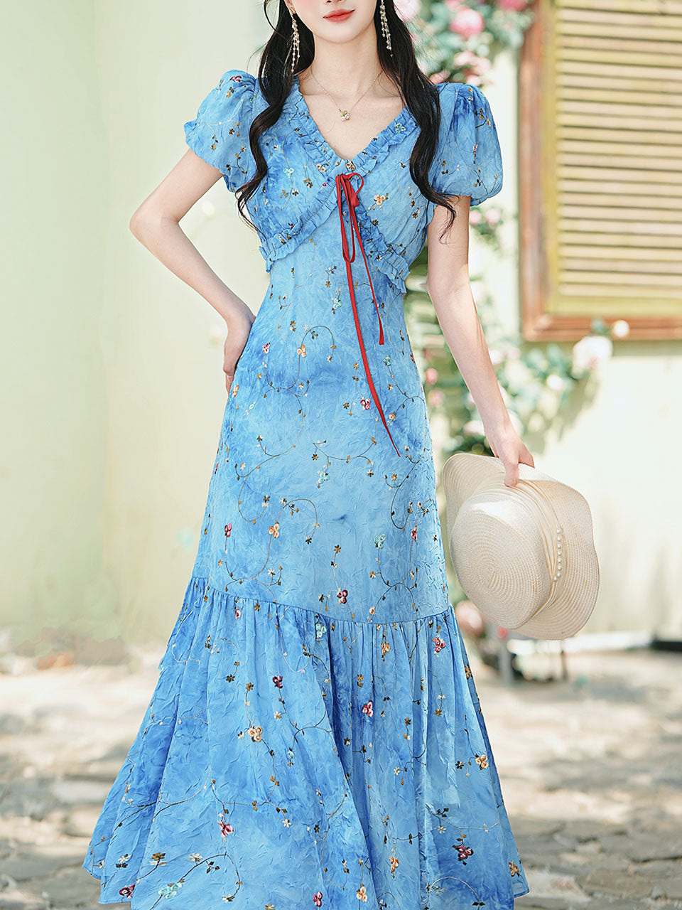 Blue Starry Night Sky Tie Dye V Neck Puff Sleeve Vintage Dress, Blue / XS