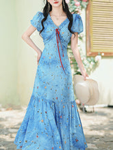 Load image into Gallery viewer, Blue Starry Night Sky Tie Dye V Neck Puff Sleeve Vintage Dress