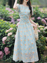 Load image into Gallery viewer, Blue Pearl-encrusted Collar Embroidered Lace 1950s Dress