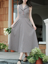 Load image into Gallery viewer, Grey V Neck Plaid Vintage Dress