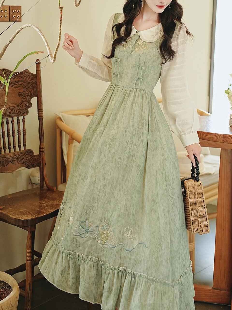 Green Peter Pan Collar Luxurious Embroidered Long Sleeve Vintage Dress Pink / L Green Peter Pan Collar Luxurious Embroidered Long Sleeve Vintage Dress Pink / L