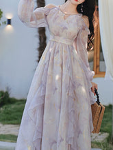 Load image into Gallery viewer, Vintage 1970s Floral Print Lavender Chiffon Ruffled Off-Shoulder Long Sleeve Maxi Dress