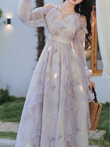 Vintage 1970s Floral Print Lavender Chiffon Ruffled Off-Shoulder Long Sleeve Maxi Dress