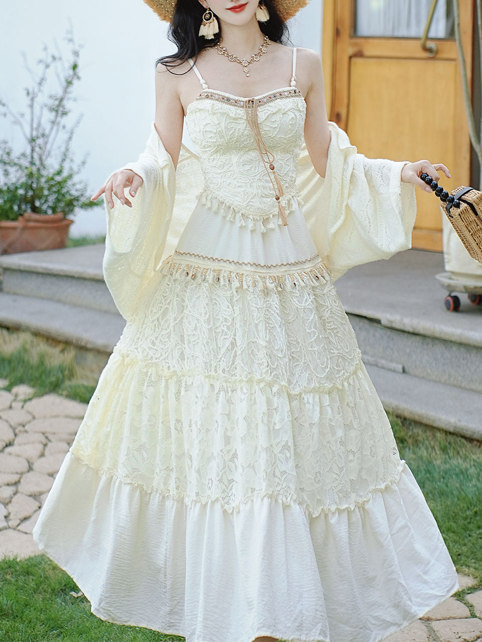 3PS White Bohemian Top Tassel and Skirt 1970S Vintage Set