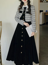 Load image into Gallery viewer, Black Tweed Fake Two-Piece Long Sleeve Vintage Dress