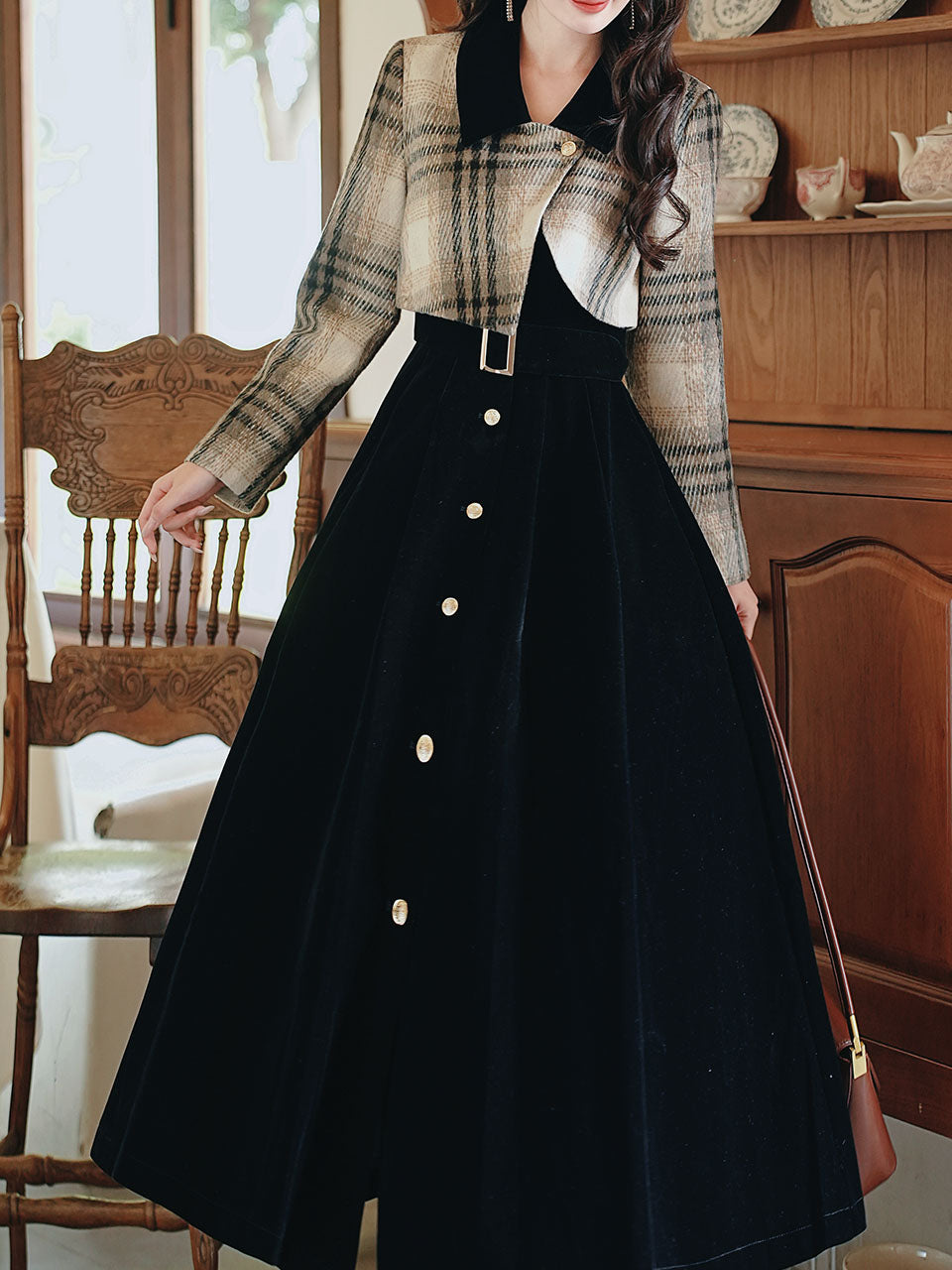Black Plaid Tweed Fake Two-Piece Long Sleeve Vintage Dress, Black / M Black Plaid Tweed Fake Two-Piece Long Sleeve Vintage Dress, Black / M