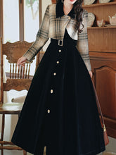 Load image into Gallery viewer, Black Plaid Tweed Fake Two-Piece Long Sleeve Vintage Dress