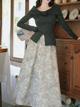 Load image into Gallery viewer, Gray Off Shoulder Slit Knit Top and Floral Jacquard Maxi Skirt Set