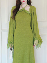 Load image into Gallery viewer, Vintage 1950s Green Knit Handmade Rose Collar Halter Dress Set Matching Shawl