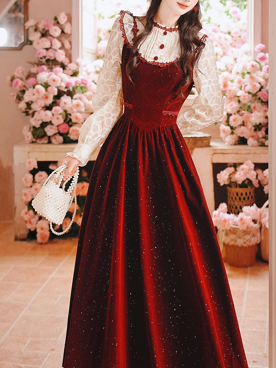 50s Retro Christmas Red Lace with Sequin Velvet Vintage Dress Red / S 50s Retro Christmas Red Lace with Sequin Velvet Vintage Dress Red / S