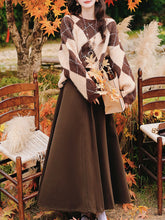 Load image into Gallery viewer, 2PS Vintage Brown and White Argyle Sweater and Brown Swing Skirt Vintage Audrey Hepburn&#39;s Style Outfits