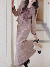 Load image into Gallery viewer, 2PS Purple Bow Tweed Warm Coat With Skirt 1950S Vintage Set