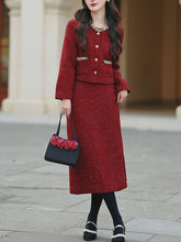 Load image into Gallery viewer, 2PS Red Luxurious Sequined Warm Tweed Coat With Skirt 1950S Vintage Suit