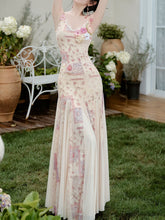 Load image into Gallery viewer, Pink Floral Print Spaghetti Strap Fishtail Flared Vintage Maxi Dress