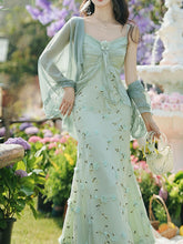 Load image into Gallery viewer, 2PS Green Floral Printed Spaghetti Strap Vintage Dress With Cardigan Suit