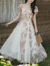 Load image into Gallery viewer, Printed Tulle Puff Sleeve Ruffled Hem Princess Party Dress for Girls Women