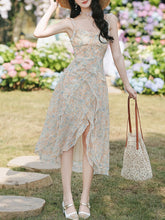 Load image into Gallery viewer, 2PS Apricot Floral Printed Spaghetti Strap High-low Ruffled Hem Vintage Dress With Cardigan Suit