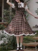 Load image into Gallery viewer, Brown Plaid Fake Two-Piece Short Sleeve Vintage Dress