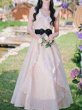 Load image into Gallery viewer, Pink Flowy Ruffle V-Neck Dress with Black Bow Belt