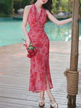 Load image into Gallery viewer, Red Rose Floral Halter Wrap Maxi Dress with High Slit