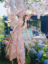 Load image into Gallery viewer, 2PS Pink Ruffles Floral Printed Spaghetti Strap Vintage Dress With Cardigan Suit