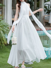 Load image into Gallery viewer, Audrey Hepburn style White Halter Neck Muse Maxi Dress with Long Flowing Scarf