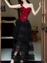 Load image into Gallery viewer, Gothic Red Corset Tiered Tulle Maxi Dress  Rose Asymmetric Ruffle Dark Romantic Party Gown