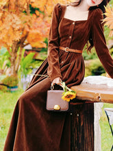 Load image into Gallery viewer, Vintage Brown Velvet Square Neck Puff Sleeve Button-Down Midi Dress