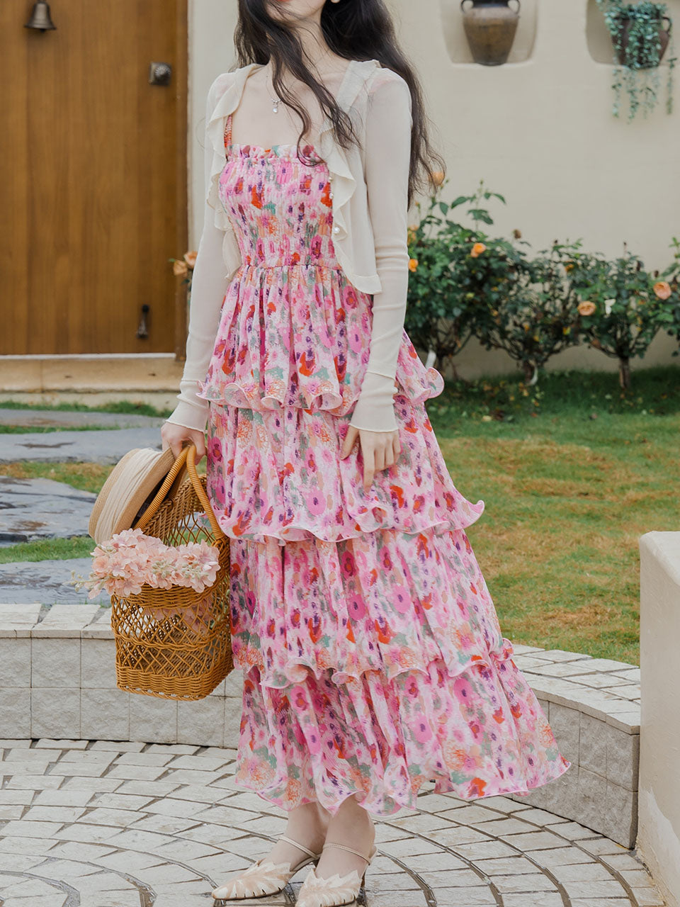 2PS Pink Floral Print Ruffles Strap Dress With White Cardigan – Jolly Vintage 2PS Pink Floral Print Ruffles Strap Dress With White Cardigan – Jolly Vintage