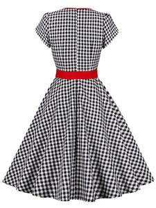 Black And White Plaid V Neck 1950S Vintage Dress