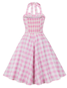 Pink And White Plaid Halter Off Shoulder Barbie Retro Dress