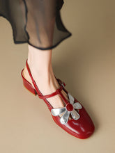 Load image into Gallery viewer, Women&#39;s  Round Toe Daisy Chunky Heel Sandals Leather Vintage Shoes
