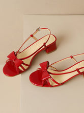 Load image into Gallery viewer, Women&#39;s Round Open Toe Bow Chunky Heel Sandals Leather Vintage Shoes