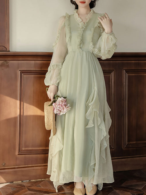Mint Green Ruffled V-neck Flowing Long-sleeved Romantic Retro Tea Dress