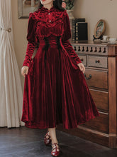 Load image into Gallery viewer, 2PS Wine Red Ruffles Velvet Shirt and Strap Dress Suit