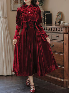 2PS Wine Red Ruffles Velvet Shirt and Strap Dress Suit