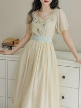 Load image into Gallery viewer, Apricot V Neck Floral Ruffles Princess Puff Sleeve Vintage Dress