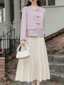 2PS Purple Round Long Sleeve Wool Coat With Swing Skirt Suit