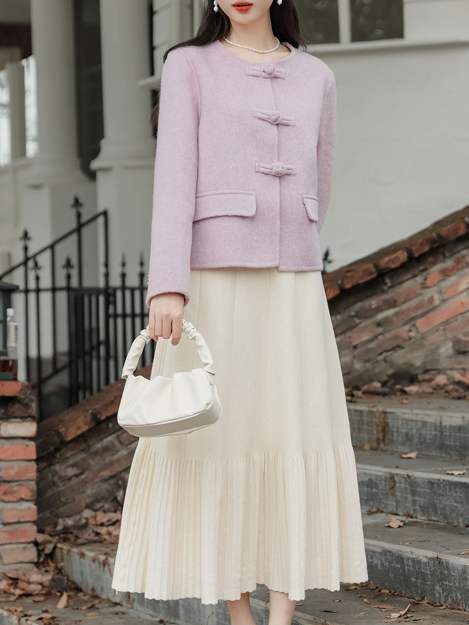 2PS Purple Round Long Sleeve Wool Coat With Swing Skirt Suit