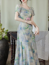Load image into Gallery viewer, Blue Floral Printed Off-shoulder Fishtail Dress