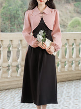 Load image into Gallery viewer, 2PS Pink Long-sleeved Short Coat And bBlack Suspender Dress Set