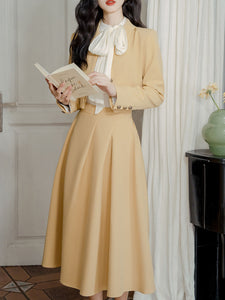 3PS Bowknot Collar Shirt and Yellow 1950S Vintage Coat With Swing Skirt Suit