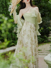 Load image into Gallery viewer, Green Bohemian Floral Print Chiffon Maxi Dress Prom Dress With Chiffon Cardigan