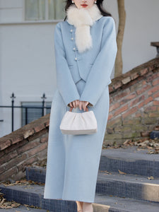 2PS Light Blue Rounded Flat Long Sleeve Wool Coat With Skirt Suit