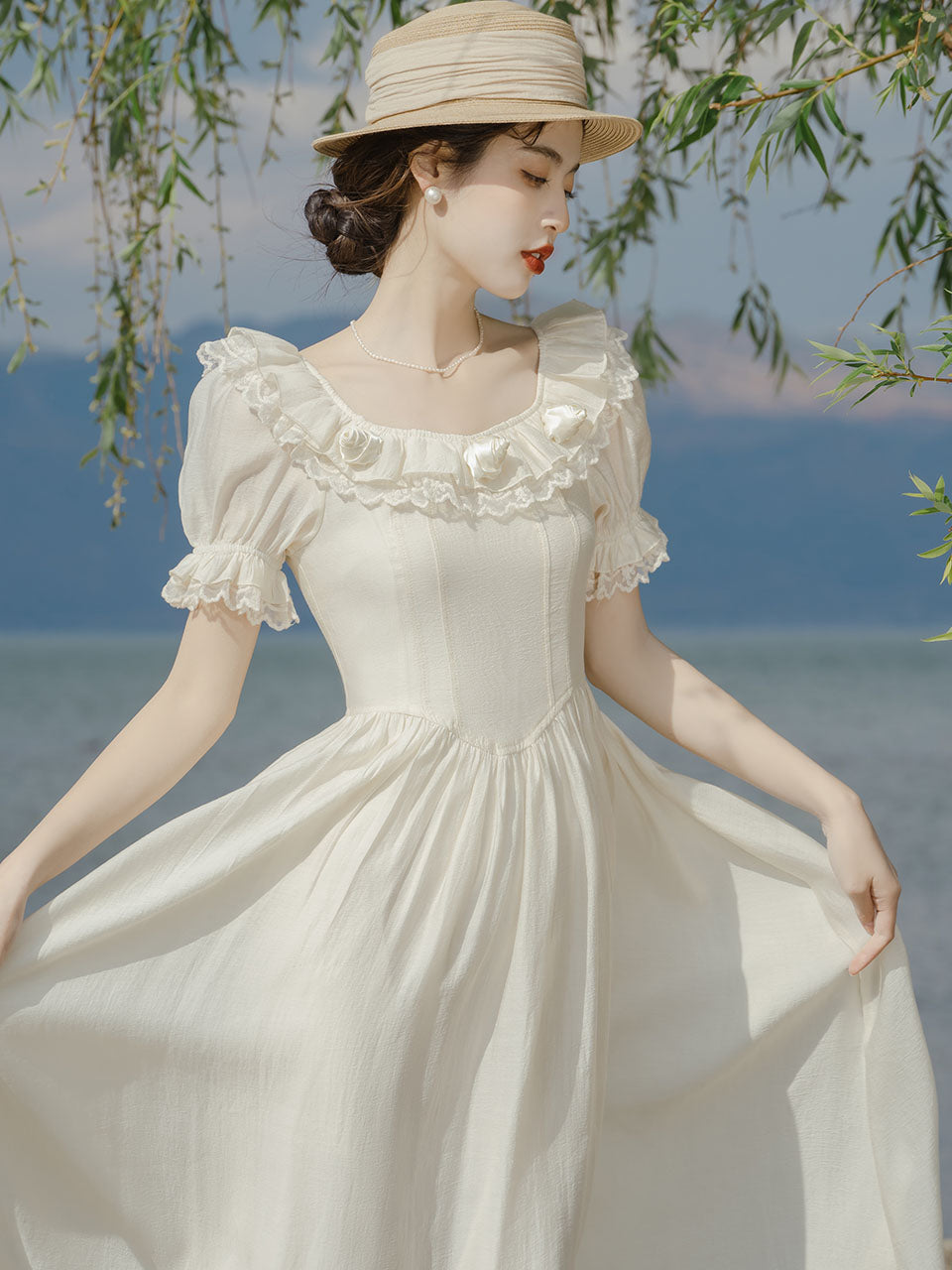 White Puff Sleeve Rose Vintage 1950S Swing Victoria's Fairy Dress Jolly Vintage White Puff Sleeve Rose Vintage 1950S Swing Victoria's Fairy Dress Jolly Vintage