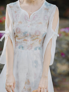 White Lace V Neck Off Shoulder Sleeve Vintage Dress